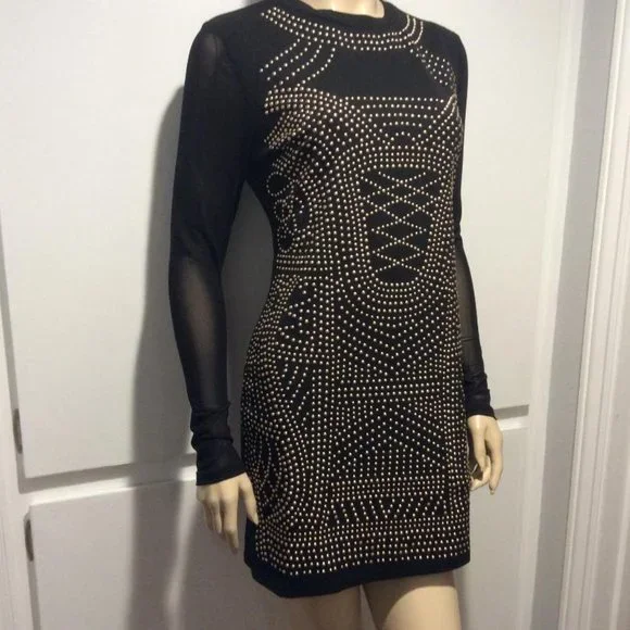 Haute Monde bodycon black mini NWOT metal gold studs & sheer long sleeves size L - Picture 4 of 7